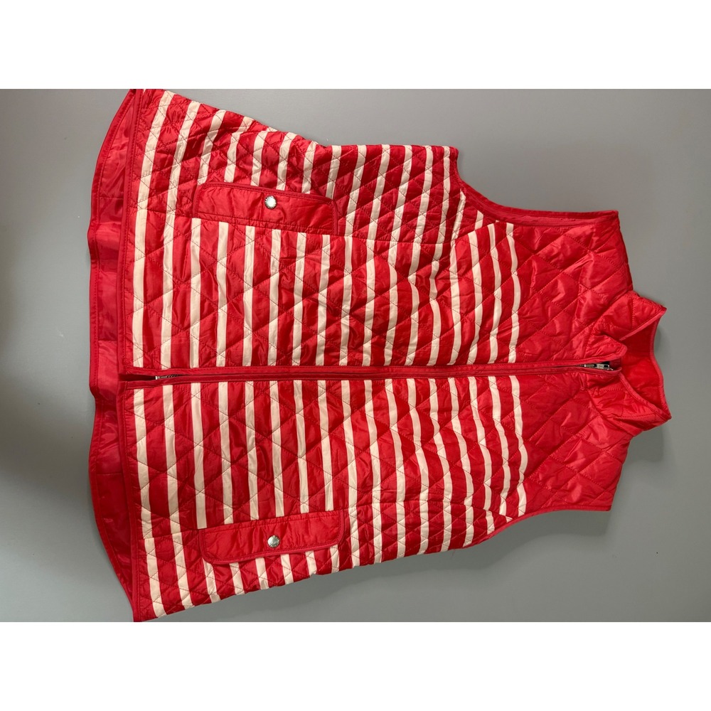 Talbots Red White Striped Quilted Puffer Vest Womens Large Full Zip Mock Neck
